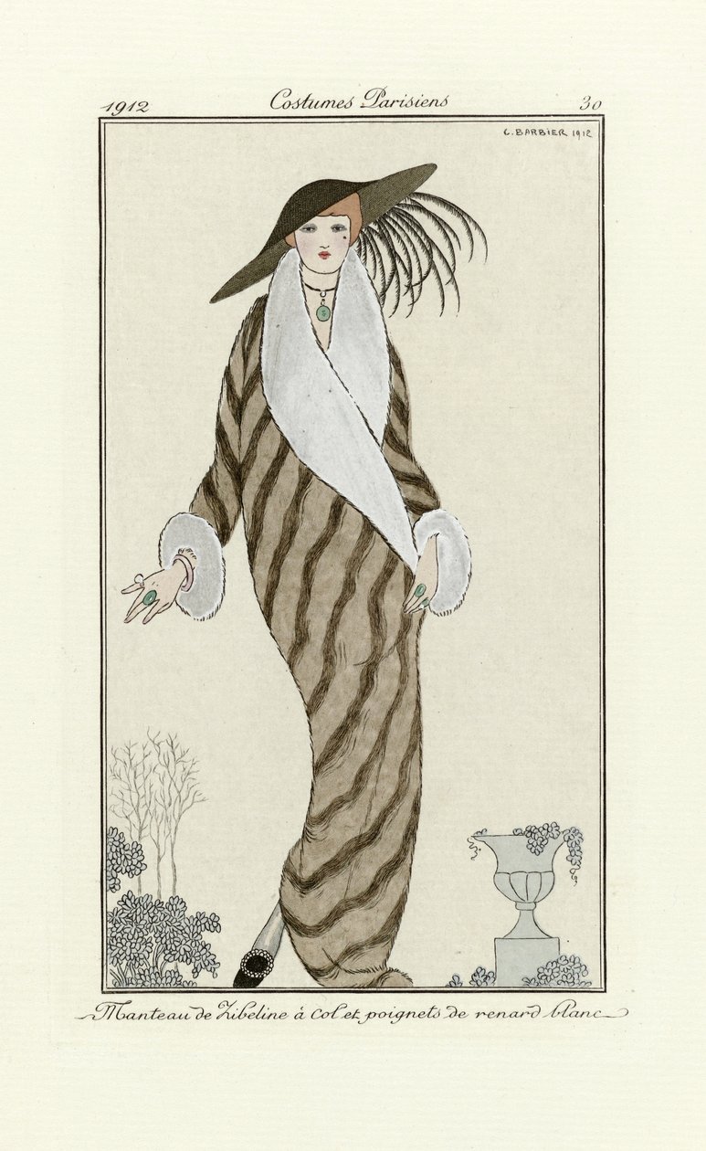 Casaco de zibelina com guarnição de raposa branca, de Costumes Parisien, pub.1912 (impressão pochoir) de Georges Barbier