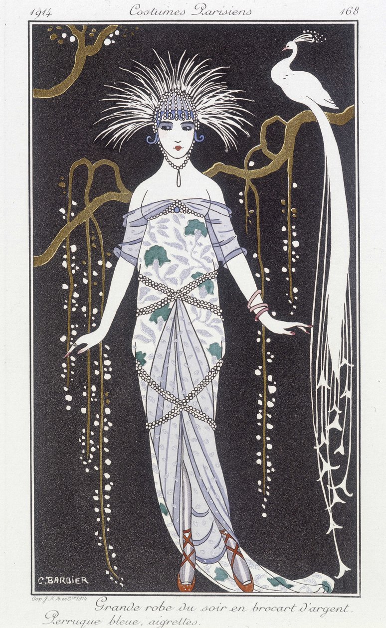 Vestido de noite e peruca de brocado de prata - Ilustração de George Barbier (1882-1932). em "Journal des dames et des modes: Fantasias Parisiens". de Georges Barbier