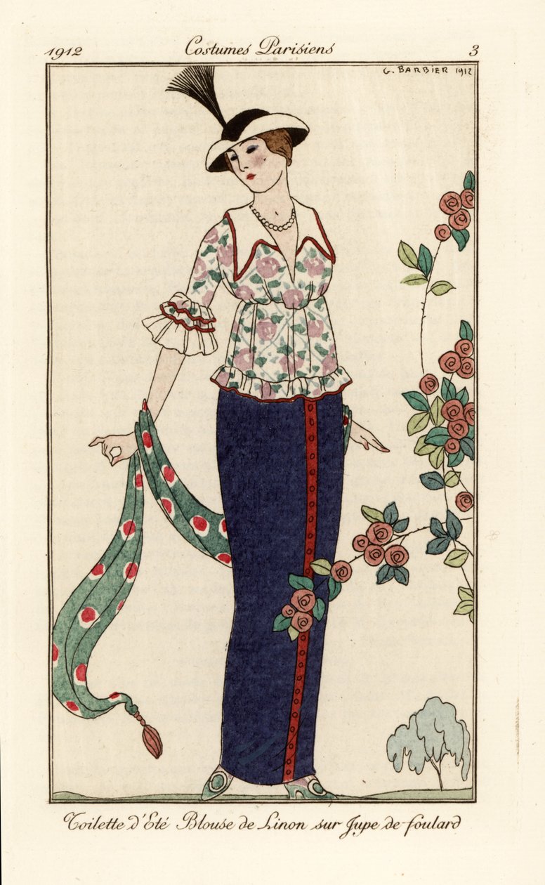 Fato de verão com blusa de linho floral e saia de foulard. Toilette d