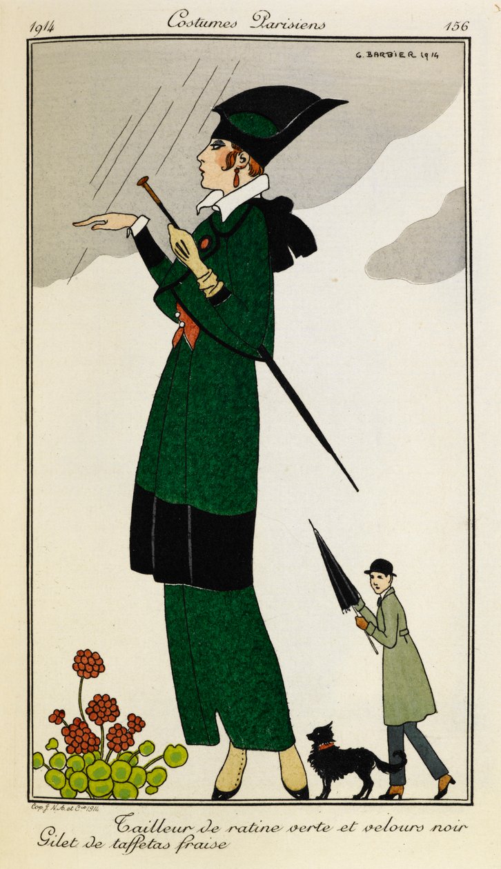 Tailleur de ratine verte et velours noir. Gilet de taffetas fraise. Mulher com uma roupa de seda verde e preta, com um colete de seda de morangueiro. Pessoa com uma gabardina com guarda-chuva e um cão ao fundo. Fantasia Parisiens. de Georges Barbier