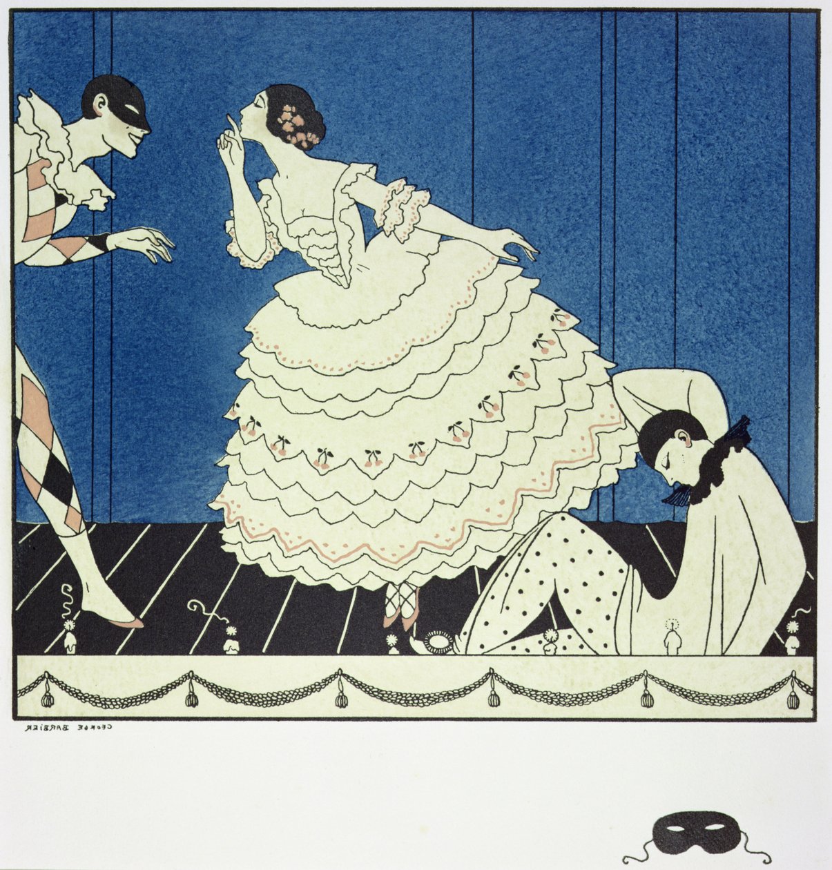 Tamara Karsavina (1885-1978) como Columbine, Vaslav Nijinsky (1890-1950) como Harlequin e Adolph Bolm (1884-1951) como Pierrot no "Carnaval" de Fokine em 1910, pub. 1914 (pochoir print) de Georges Barbier