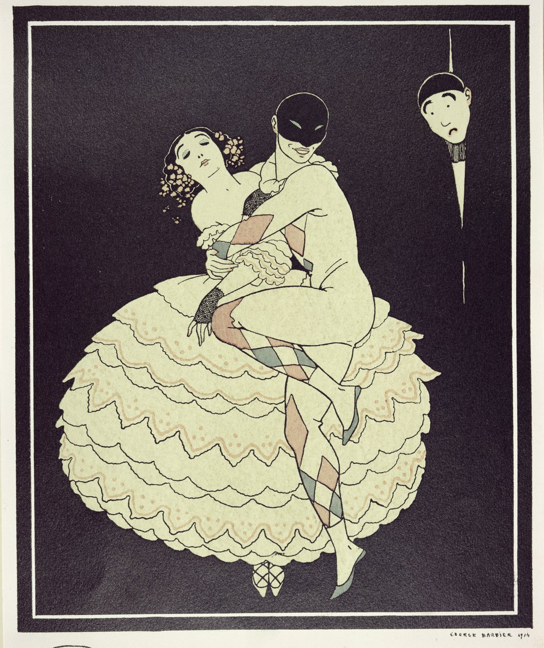 Tamara Karsavina (1885-1978) como Columbine e Vaslav Nijinsky (1890-1950) como Arlequim no Carnaval de Fokine em 1910, pub. 1914 (impressão pochoir) de Georges Barbier