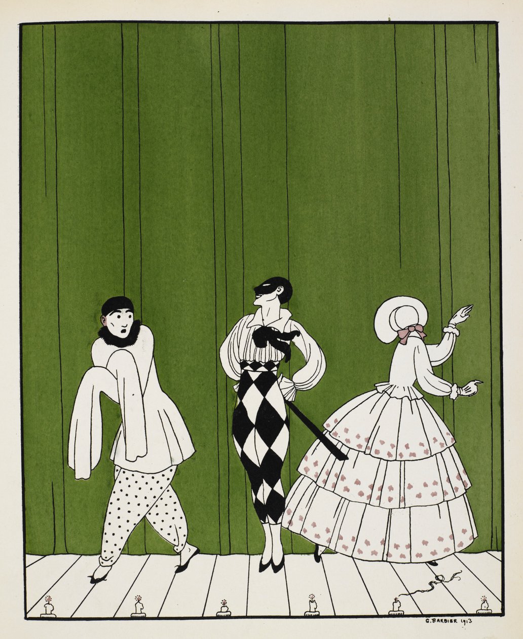 Três personagens do ballet de 1910, Carnaval, composto por Robert Schumann. À esquerda é um mímico artista. No meio está um homem, vestido com uma camisa branca com uma gravata preta e calças de xadrez, usando uma máscara. À direita está uma senhora, virad de Georges Barbier