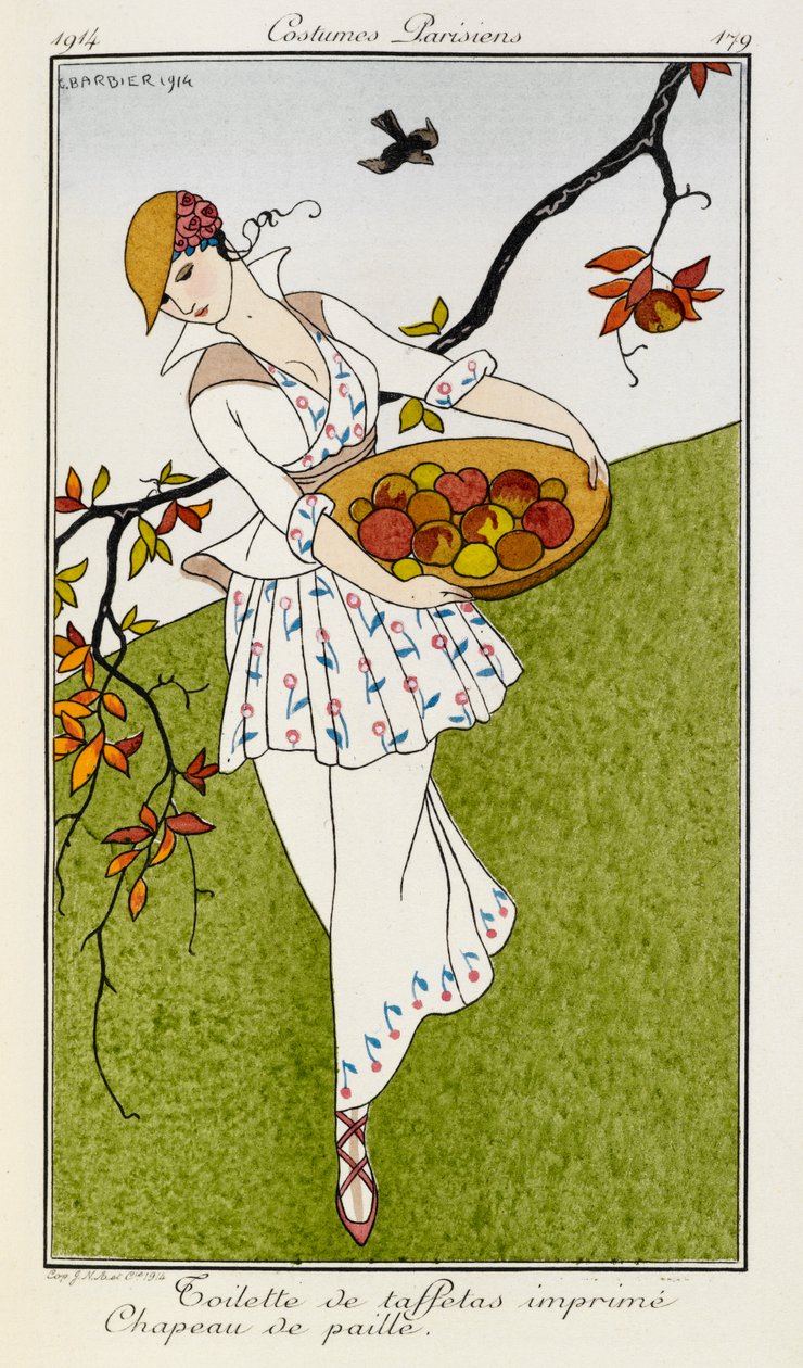Toilette de tafetá imprime chapeau de paille. Trajes parisienses no.179. Uma mulher vestindo uma roupa estampada de seda e chapéu de palha. Ela está carregando uma tigela de frutas. de Georges Barbier
