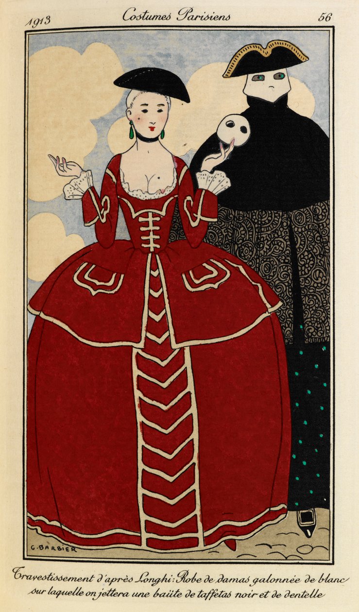 Disfarce após Loghi: Vestido de damasco atado de branco sobre o qual lançaremos uma baite de tafetá preto e renda. Trajes parisienses no.46. Mulher com vestido vermelho do século XIX com renda creme, chapéu preto e máscara branca. T de Georges Barbier