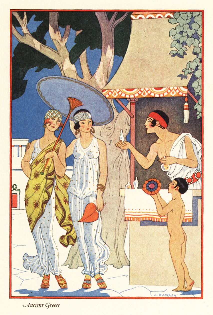 Duas mulheres fazem compras num stand de venda de perfumes na Grécia antiga 1928 (imprimir) de Georges Barbier