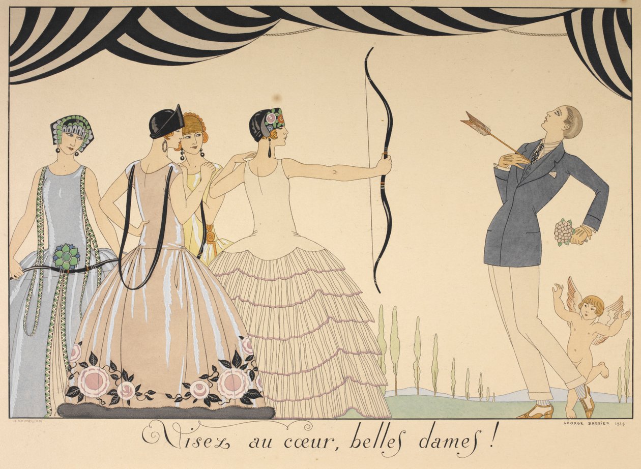 Visez au coeur, belas damas. Aponte para as senhoras do coração. Uma mulher atira uma flecha no coração de um homem. de Georges Barbier