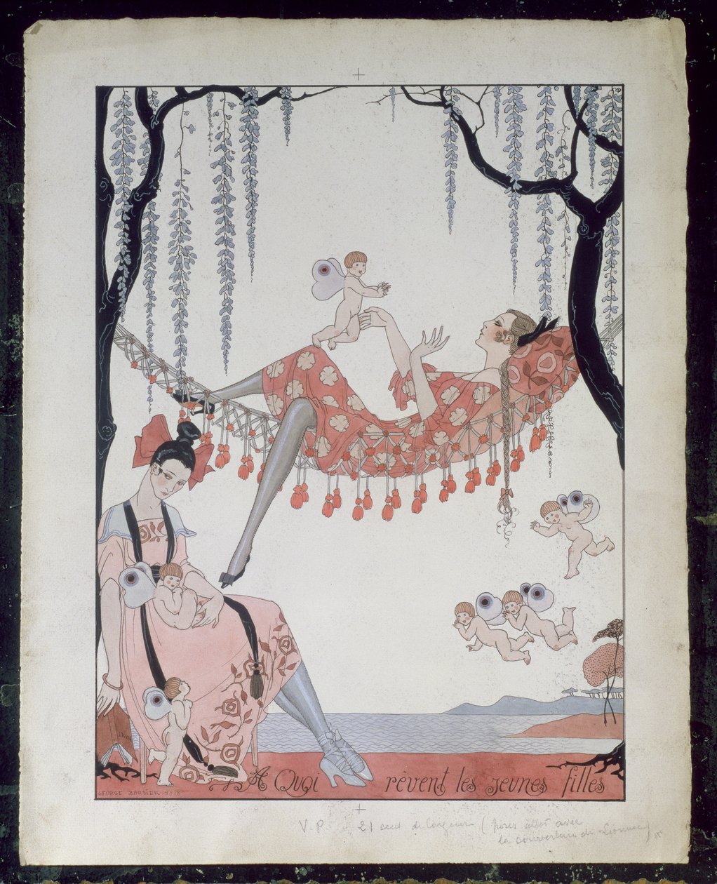 Com o que as jovens sonham? 1918 (caneta, tinta e aguarela sobre papel) de Georges Barbier
