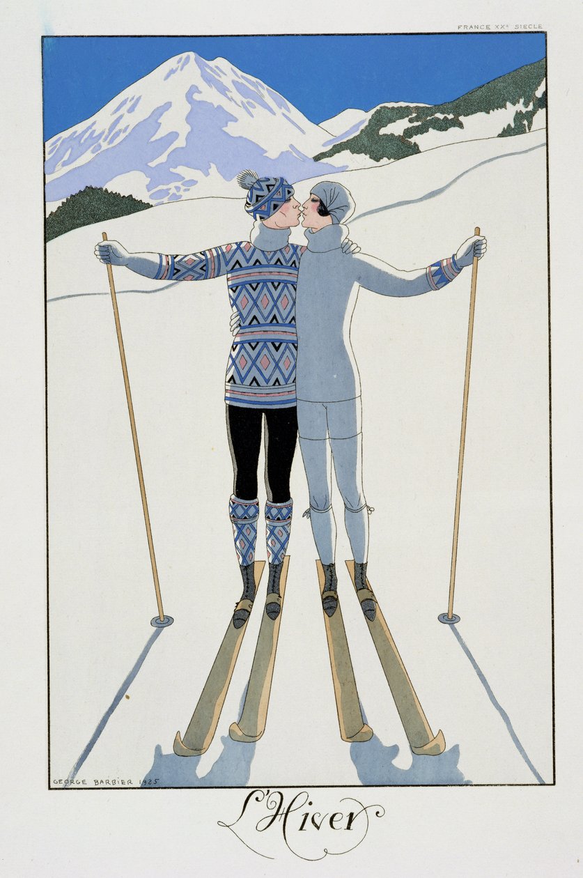 Inverno: Amantes na neve, prato de moda da "França do Século XX de Georges Barbier