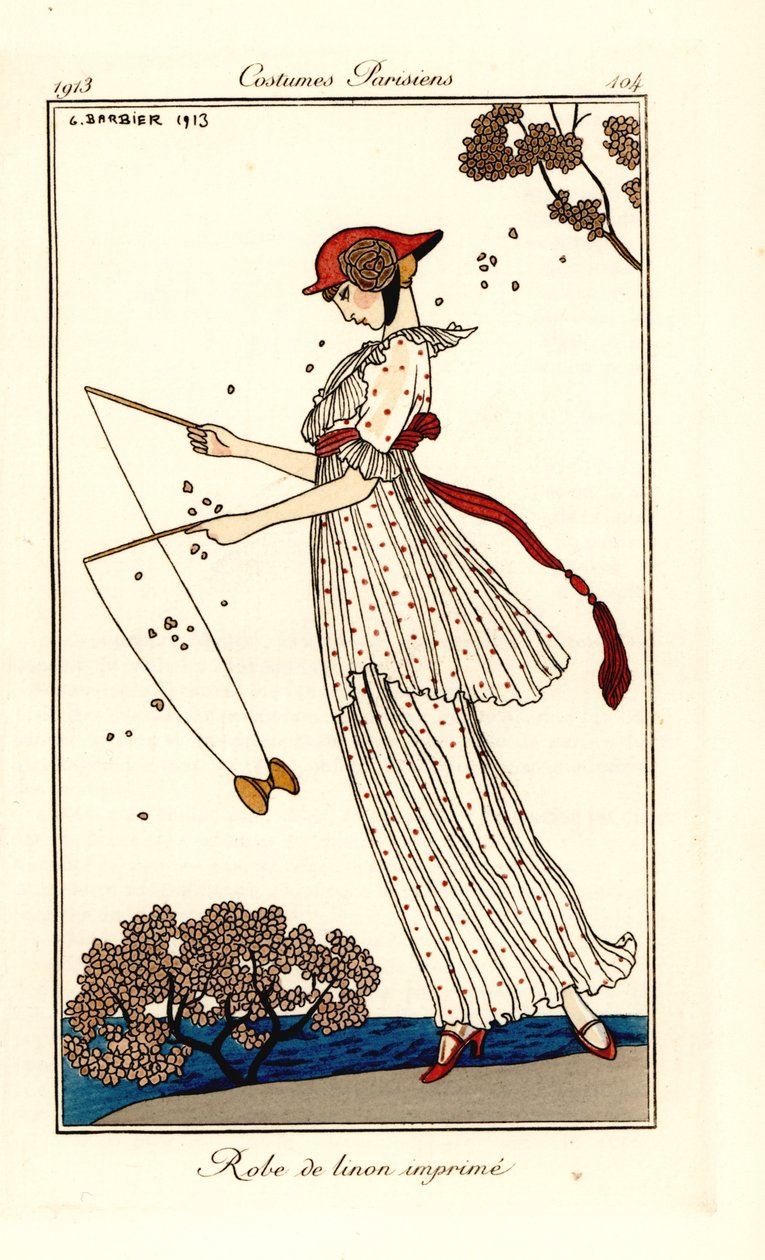 Mulher em vestido de linho estampado a tocar diabolo de Georges Barbier