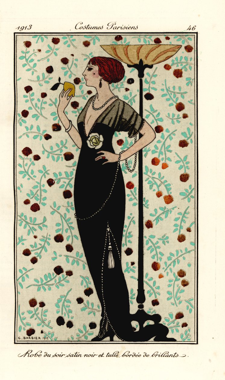 Mulher em vestido de noite de cetim preto e tule, debruado com brilhantes. Robe de soir satin noir et tule, bordee de brillants. Pochoir colorido à mão (estêncil) gravura após uma ilustração de George Barbier do Journal des Dames et des Mo de Tommaso Anton de Georges Barbier