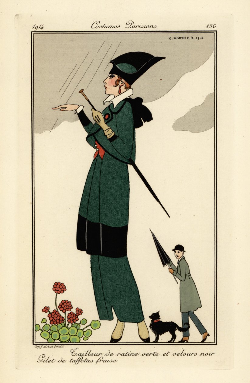 Mulher em ratine verde e terno de veludo preto. de Georges Barbier