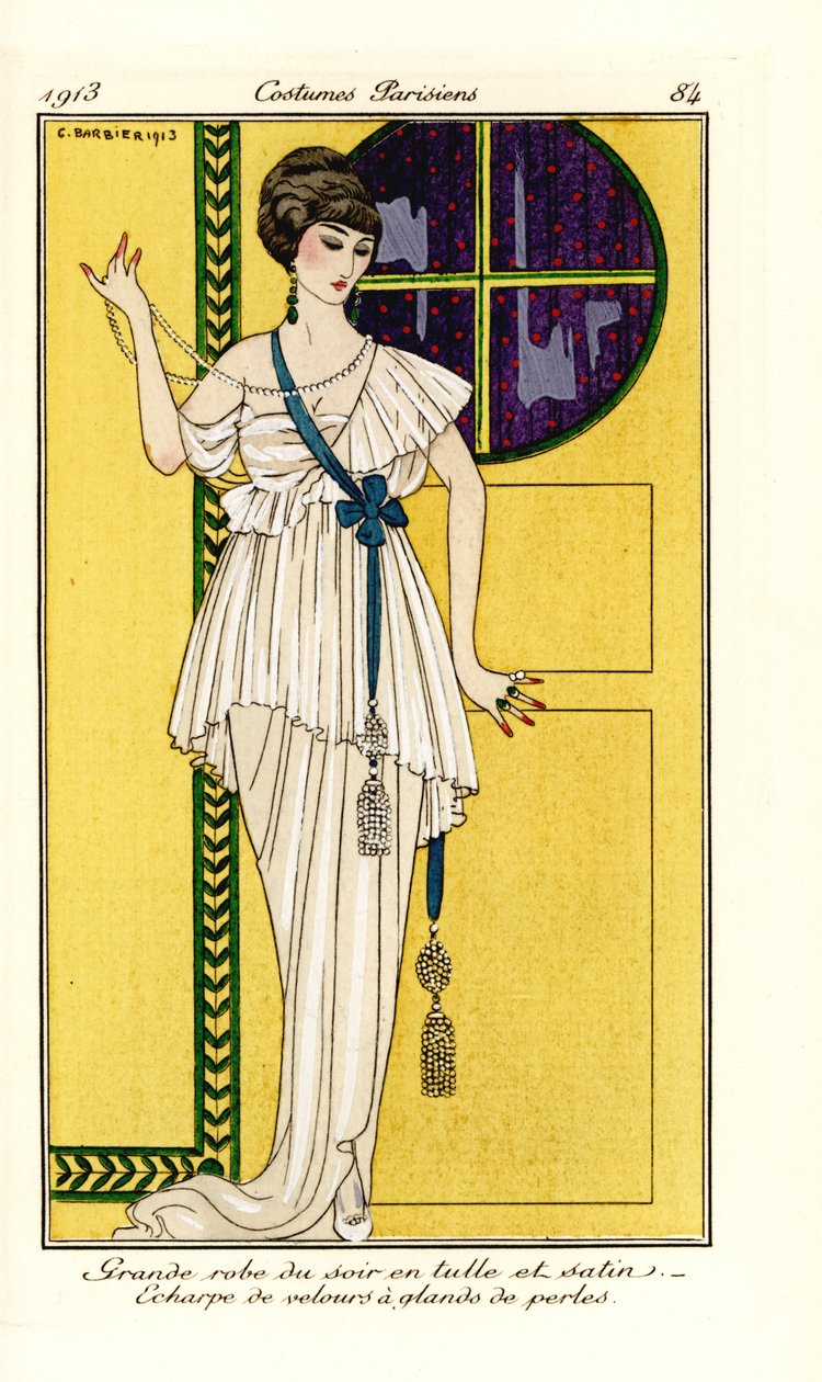 Mulher em luxuoso vestido de noite de tule e cetim, faixa de veludo verde com borla de pérola. Grande roupão do soir en tulle et cetim, echarpe de veludo em glands de perles. Piso colorido à mão (stencil) gravura depois de uma ilustração de George Barbier  de Georges Barbier