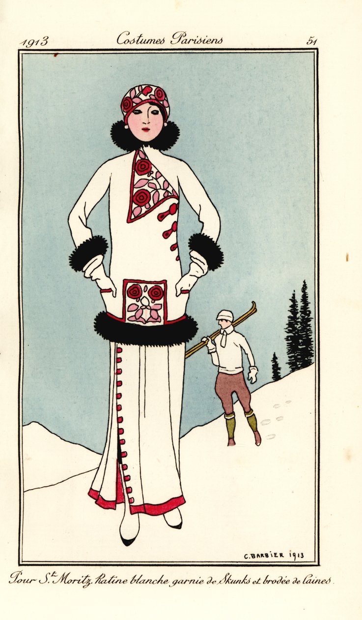 Mulher em traje para St. Moritz em friso branco com guarnição de skunk e bordado de lã. Despeje St. Maritz ratine blanche garnie de skunks et brodee de laine. Pochoir colorido à mão (estêncil) gravura após uma ilustração de George Barbier de Tommaso Antong de Georges Barbier