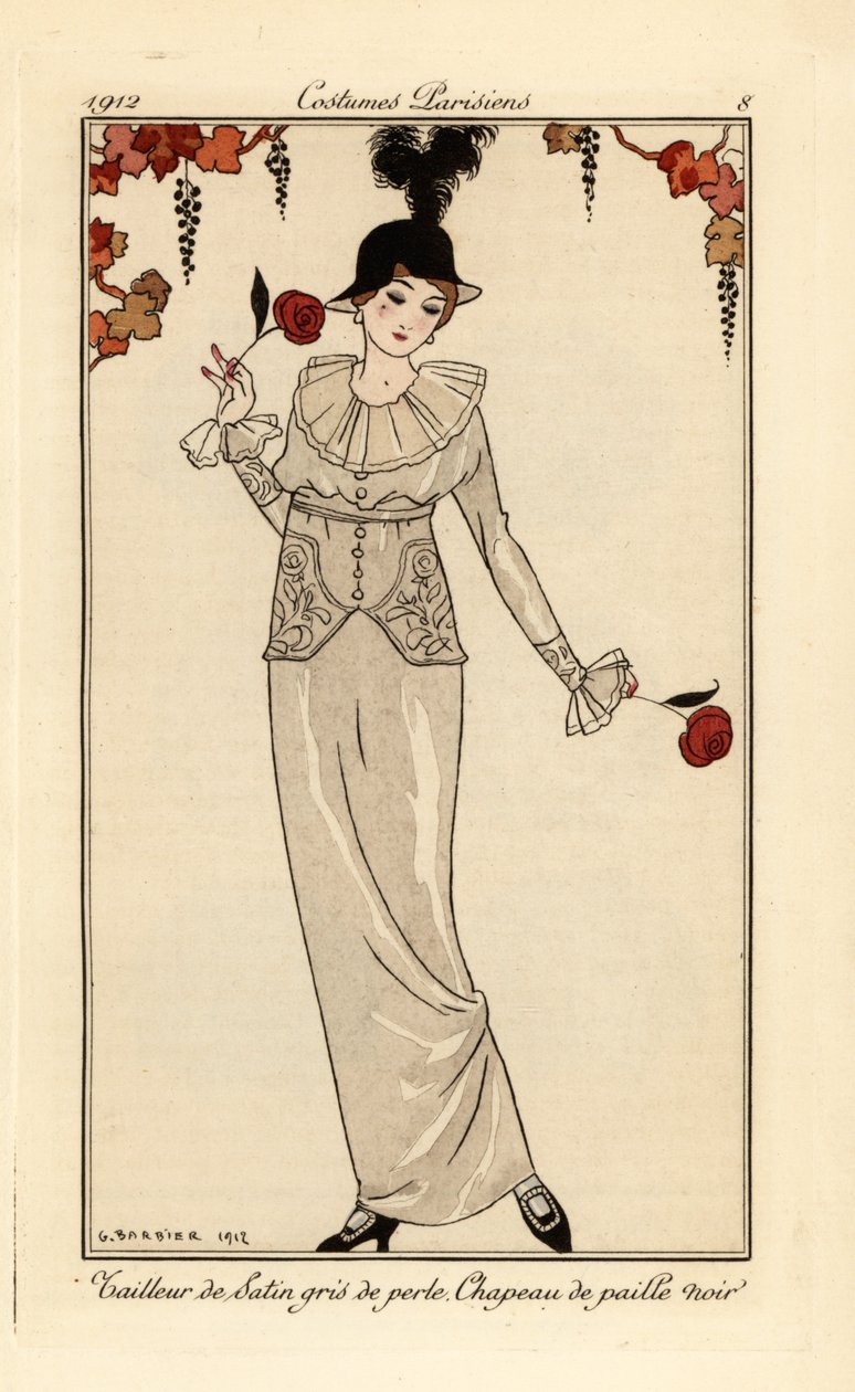 Mulher de terno cinza pérola e chapéu de palha preto. Terno de cetim cinza pérola, chapéu de palha preto. Pochoir colorido à mão (estêncil) gravura após uma ilustração de George Barbier do Journal des Dames et des Modes de Tommaso Antongini, Aux Bureaux du de Georges Barbier