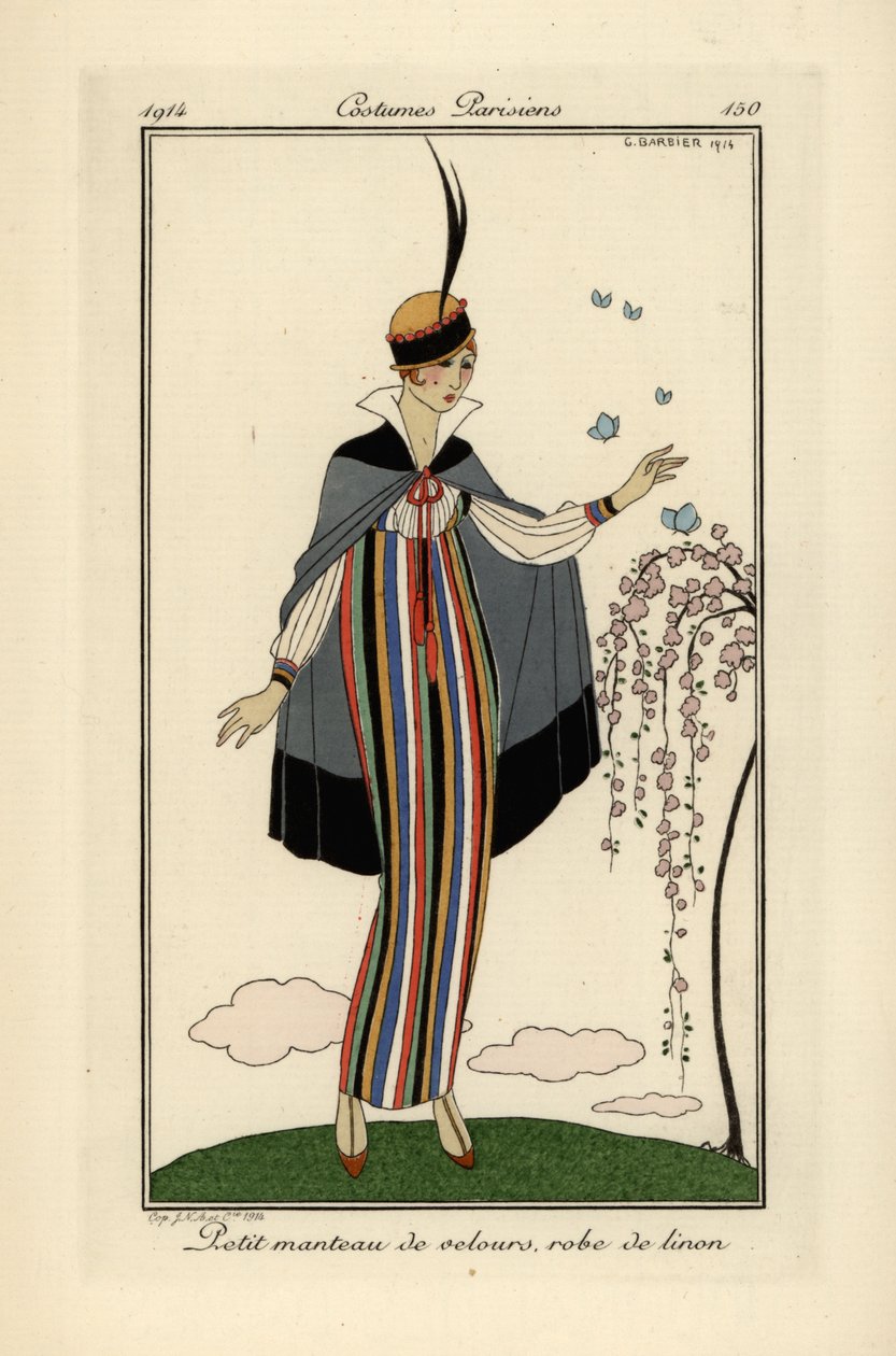 Mulher em vestido de linho às riscas com casaco curto de veludo. de Georges Barbier