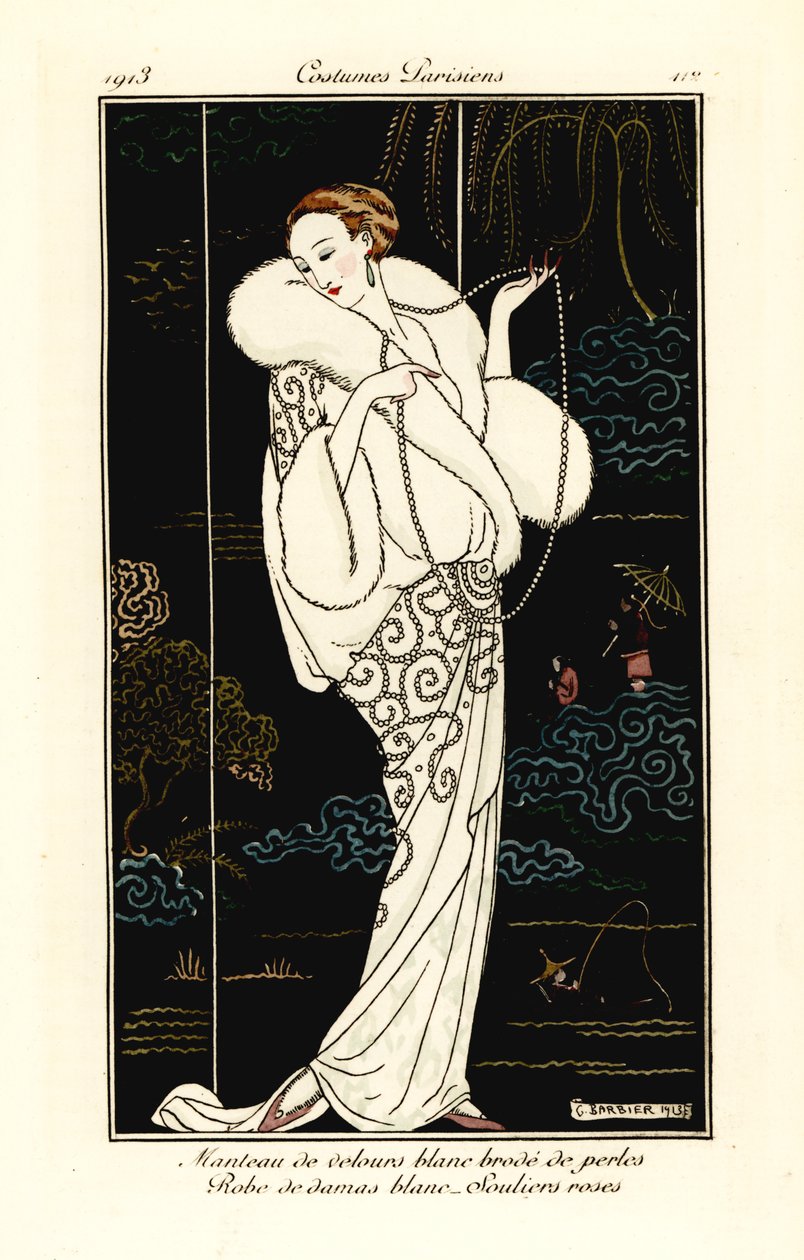 Mulher com capa de veludo, vestido damasco e chinelos cor-de-rosa. de Georges Barbier