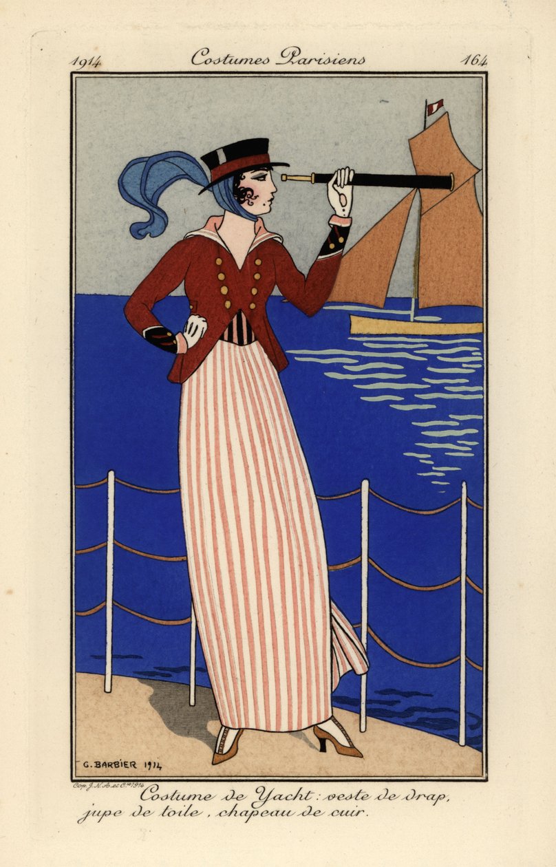 Mulher com roupa de iate segurando um telescópio. de Georges Barbier