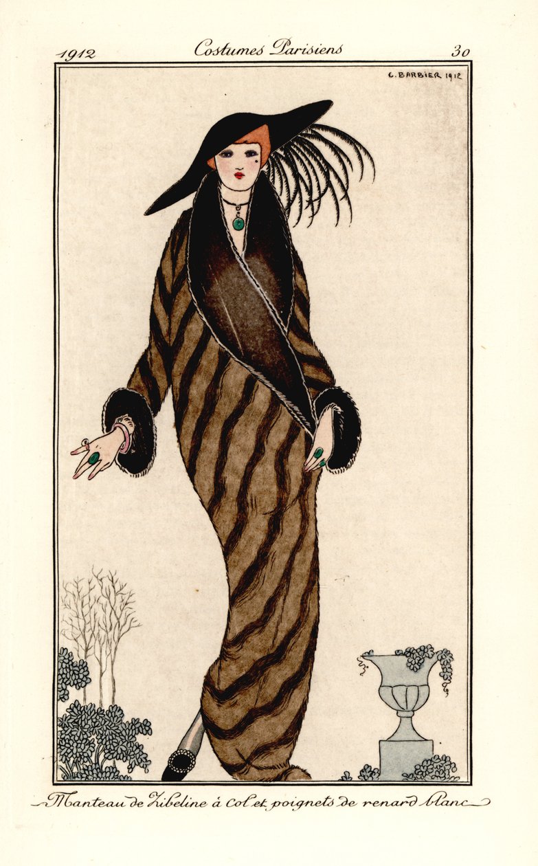 Mulher de casaco de zibelina com gola e punhos em pele de raposa branca. O casaco de zibelina tem gola e punhos de raposa branca. Pochoir colorido à mão (estêncil) gravura após uma ilustração de George Barbier do Journal des Dames et des Modes de Tommaso A de Georges Barbier