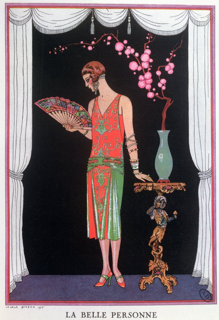 Vestido de noite digno, prato de moda da Gazette du Bon Ton de Georges Barbier