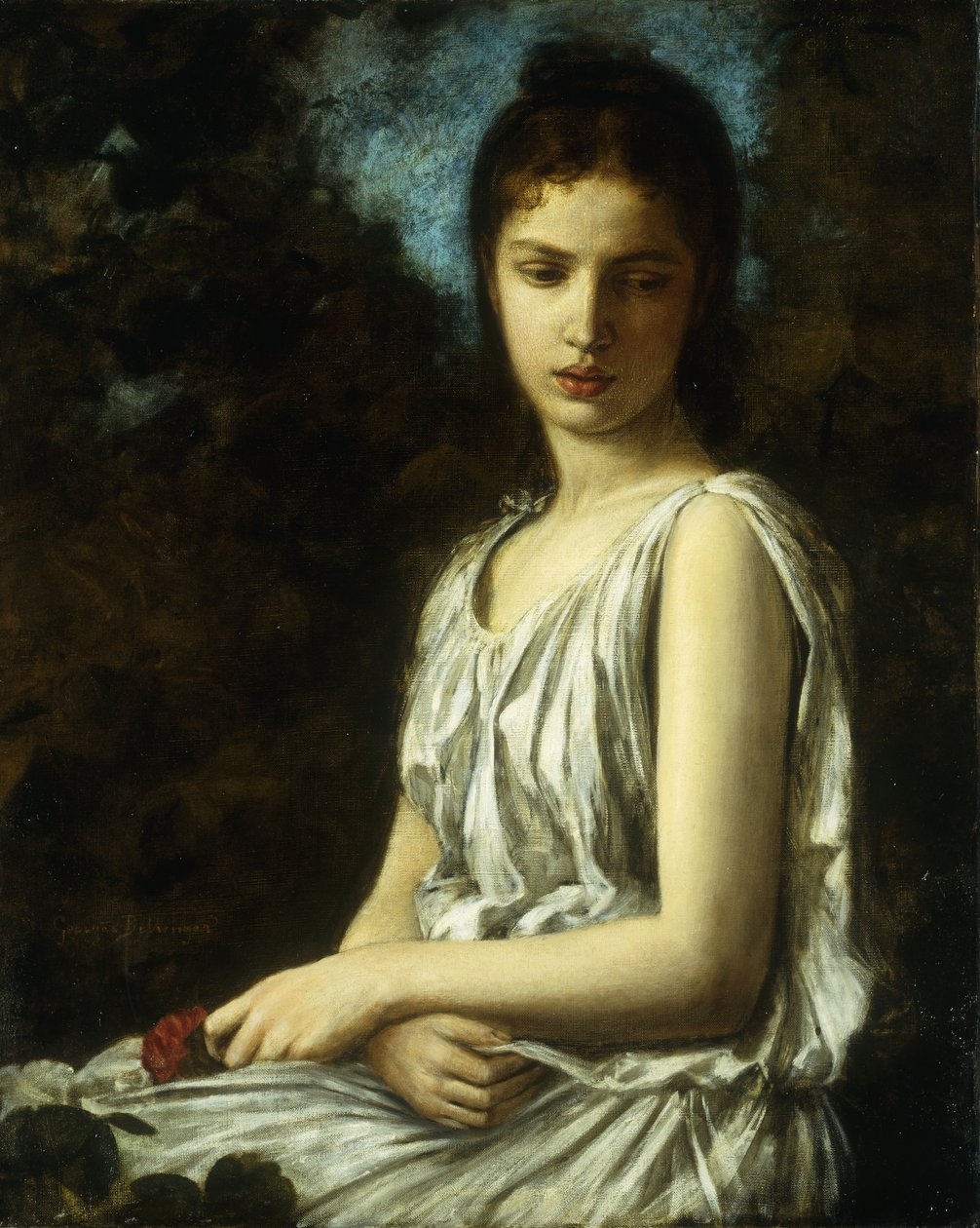Uma jovem mulher de vestido clássico, segurando uma rosa vermelha de Georges Bellanger