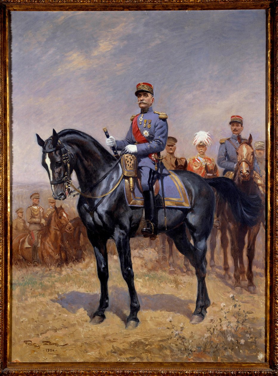 Primeira Guerra Mundial: "Retrato equestre de Ferdinand Foch (1851-1929) marechal da França" Atrás dele, Douglas Haig, Armando Diaz e Maxime Weygang. Pintura de Georges Bertin Scott (1873-1942) dit Scott de Plagnolles 1930 Sun. 1,25x0,92 m. Paris, Musee d de Georges Bertin Scott