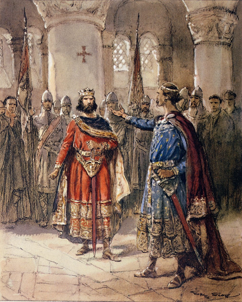 Hugues I Capet (941-996), rei da França e Adalberto de Perigord, de l&39;Histoire de France &39;por Jacques Bainville, início do século XX de Georges Bertin Scott