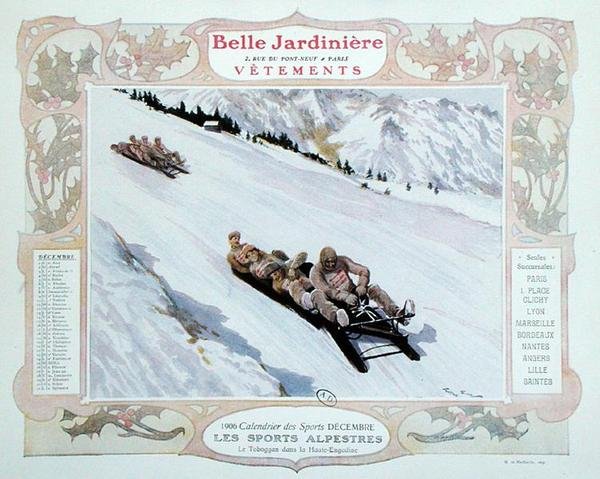 Tobogganing, ilustração para dezembro de um calendário da loja de roupas 