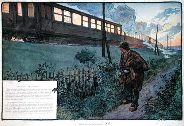 Dois métodos de viagem, o comboio expresso e o vagabundo, no início do século XX (cor litho) de Georges Bertin Scott