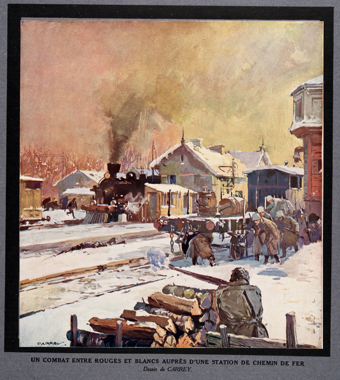 Luta entre a Guarda Vermelha e a Guarda Branca numa estação ferroviária, de Histoire des Soviets, pub. 1922 (litografia a cores) de Georges Carrey