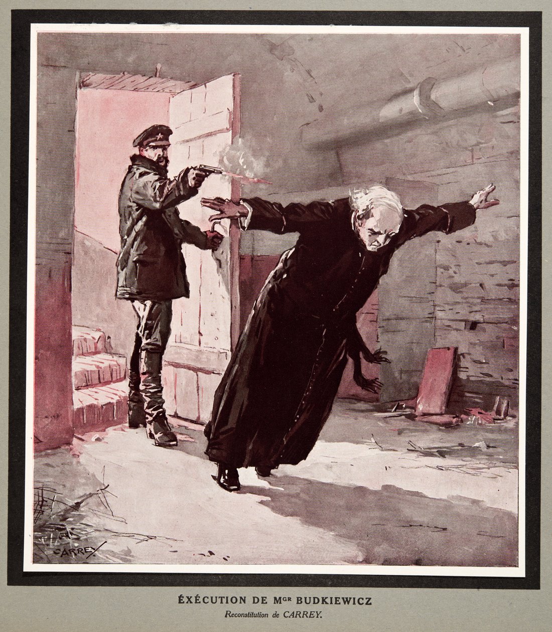 Execução do monsenhor Budkiewicz pela OGPU, de Histoire des Soviets, pub. 1922 (litografia a cores) de Georges Carrey