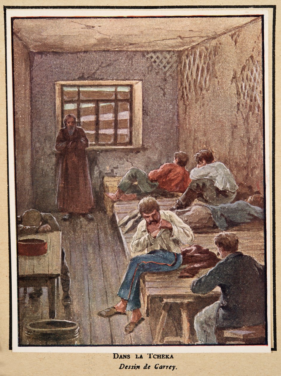 Na Cheka; de Histoire des Soviets, pub. 1922 (litografia a cores) de Georges Carrey