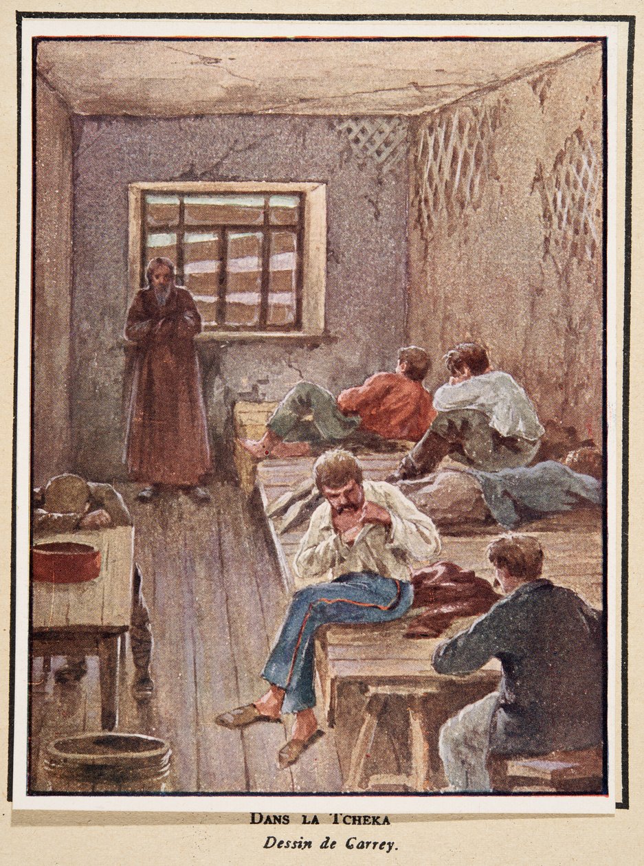 Na Cheka; de Histoire des Soviets, pub. 1922 (litografia a cores) de Georges Carrey