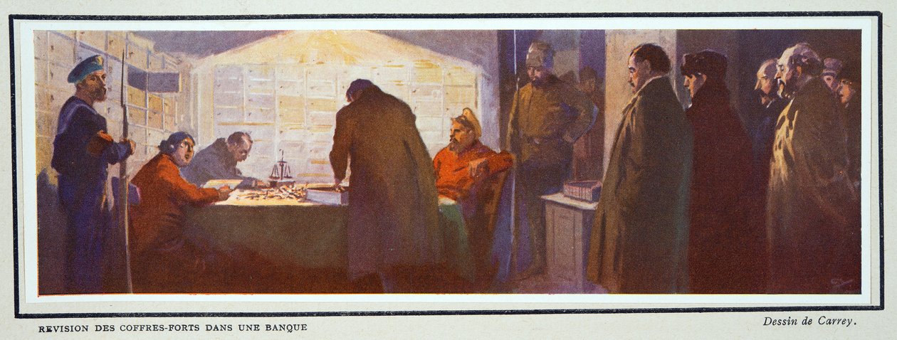 Interior de um cofre de banco durante a Revolução, de Histoire des Soviets, pub. 1922 (litografia a cores) de Georges Carrey
