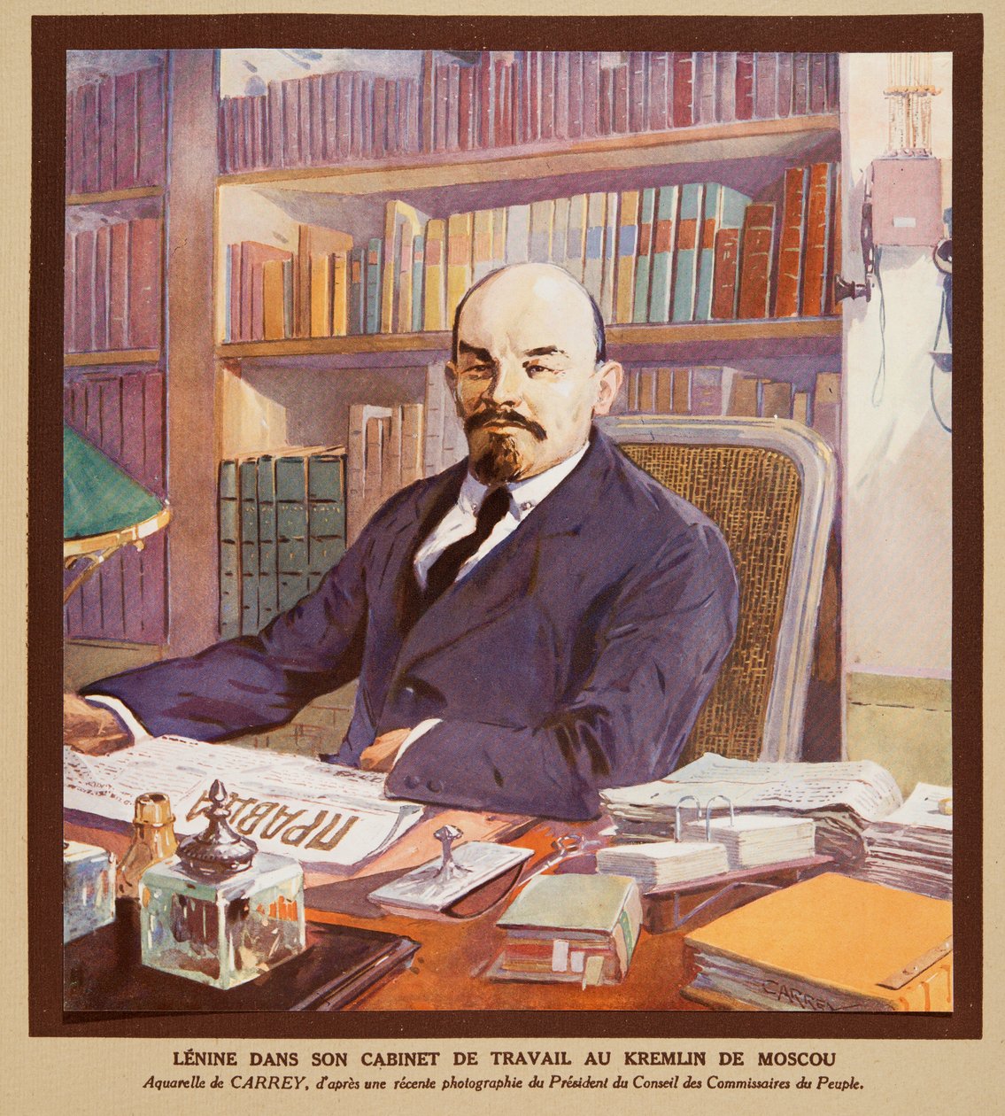 Lenine no seu gabinete no Kremlin em Moscovo, de Histoire des Soviets, pub. 1922 (litografia a cores) de Georges Carrey