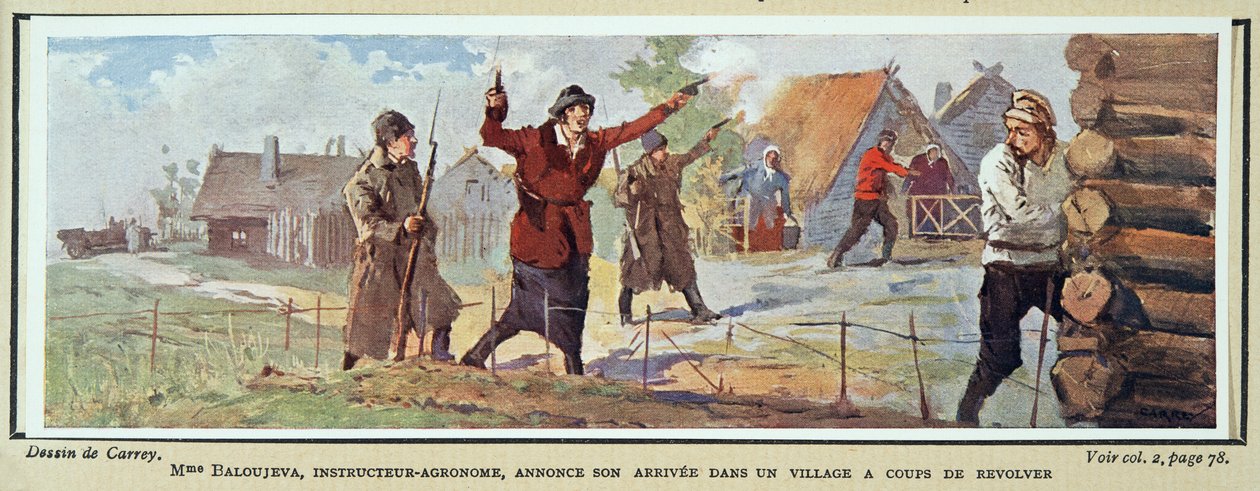 A Sra. Baloujeva, agrónoma, anuncia a sua chegada a uma aldeia com um revólver, de Histoire des Soviets, pub. 1922 (litografia a cores) de Georges Carrey