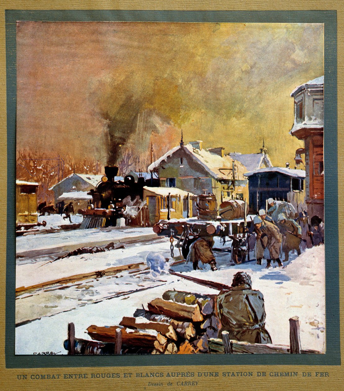 Revolução Russa de 1917: batalha entre homens brancos e vermelhos perto de uma estação de comboios de Georges Carrey