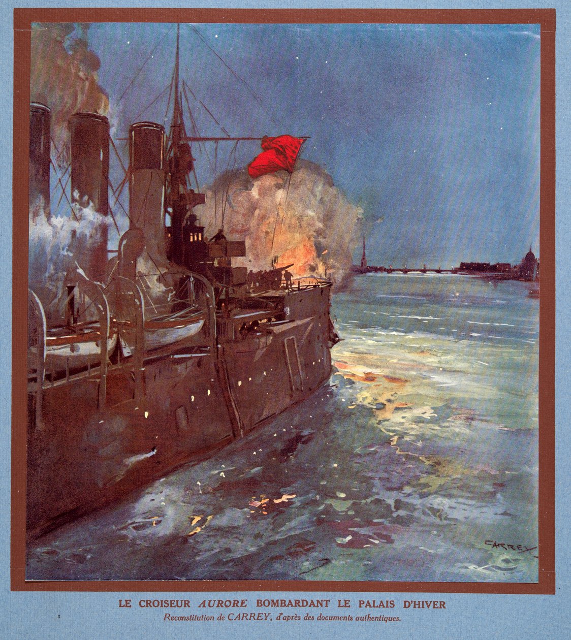 O cruzador Aurora, disparando contra o Palácio de inverno, de Histoire des Soviets, pub. 1922 (litografia a cores) de Georges Carrey