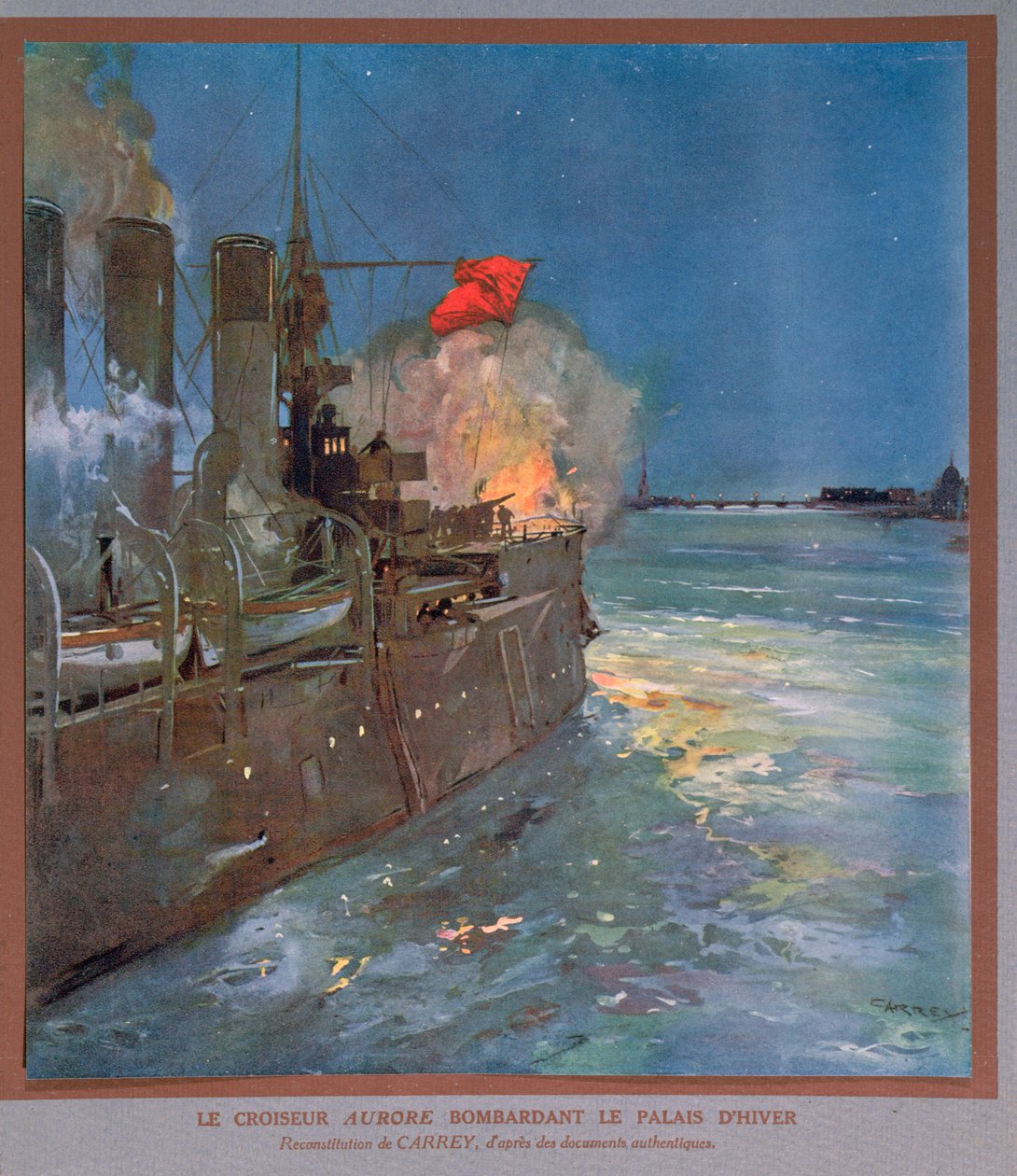 O cruzador Aurora a bombardear o Palácio de inverno, c.1923-24 (litografia a cores) de Georges Carrey