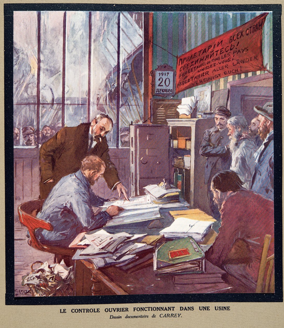 Controlo operário numa fábrica soviética na altura da Revolução de 1917, de Histoire des Soviets, pub. 1922 (litografia a cores) de Georges Carrey