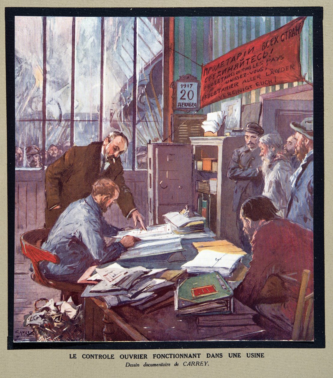 Controlo operário numa fábrica soviética na altura da Revolução de 1917, de Histoire des Soviets, pub. 1922 (litografia a cores) de Georges Carrey