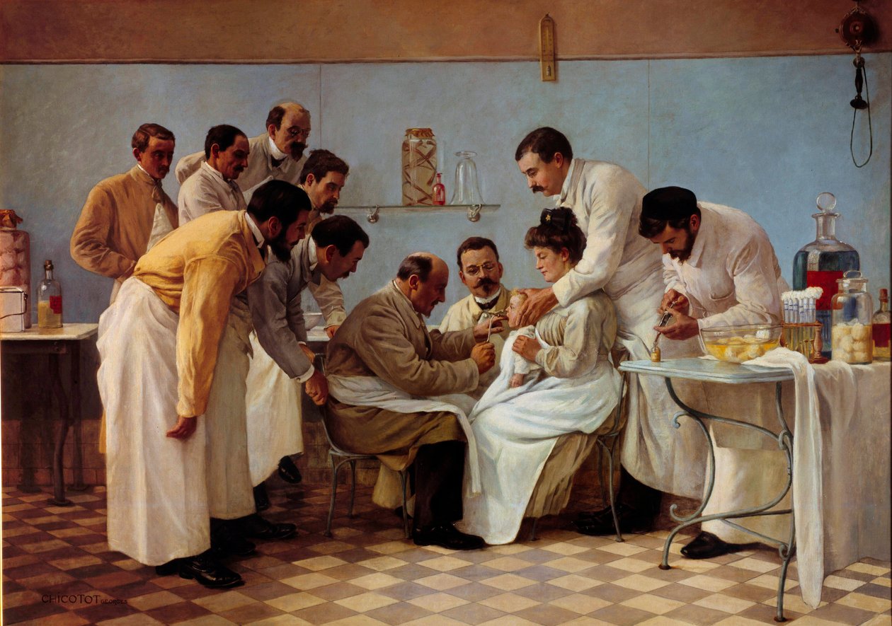 Medicamentos: "O invólucro" A inserção de um tubo tem uma criança diftérica. Pintura por Georges Chicotot (activo entre 1899 e 1907). Sol do século XX. 1,3x1,8 m Musee de l