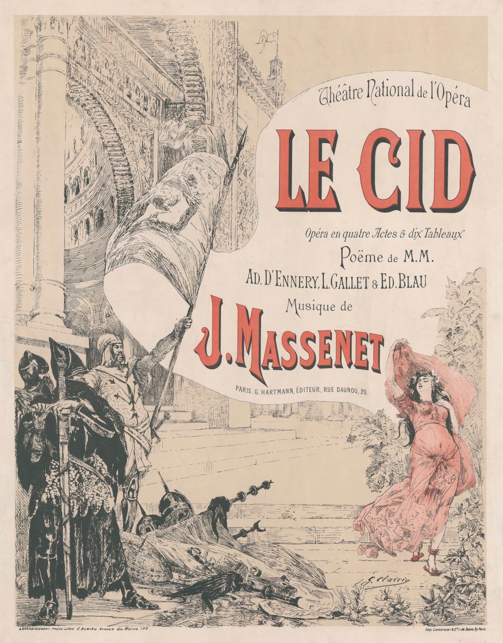 Cartaz da estreia da Ópera Le Cid de Jules Massenet, 1885. de Georges Clairin