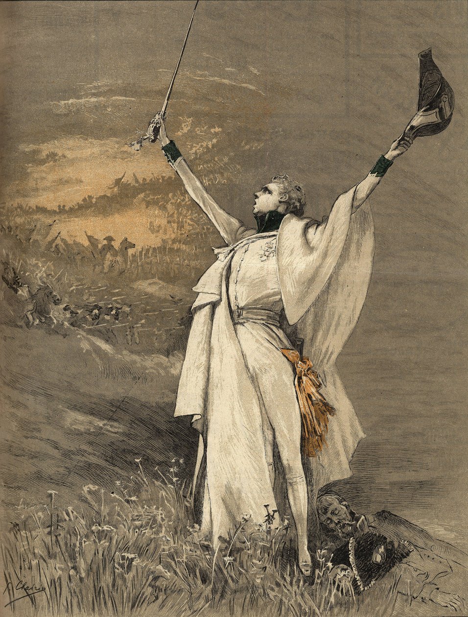 A atriz Henriette Rosine Bernard chamou Sarah Bernhardt (1844-1923) no papel do Duque de Reichstadt (filho do Imperador Napoleão I (1769-1821) - "o Aiglon", gravura de Georges Jules Victor Clairin (1843 - 1919) de 1900. de Georges Clairin