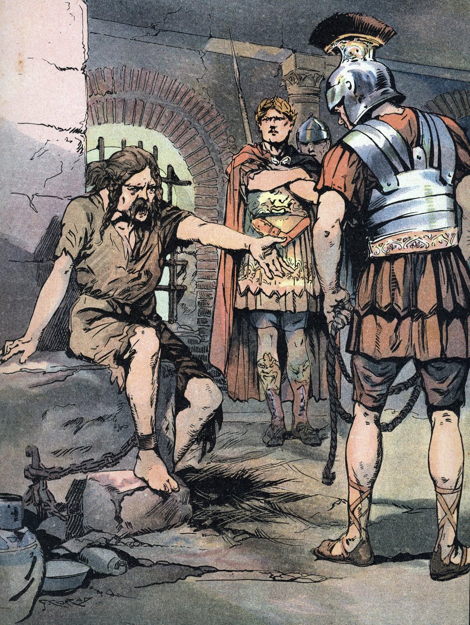 Guerra Gália: "O guerreiro gálico Vercingetorix prisioneiro nas armas romanas de Jules Cesar nas prisões de Tullianum, 46 AC" (guerras gálicas: Prisioneiro de Vercingetorix na prisão Mamertine em Roma após a sua derrota contra Júlio César, 46 AC) Ilustraçã de Georges Conrad