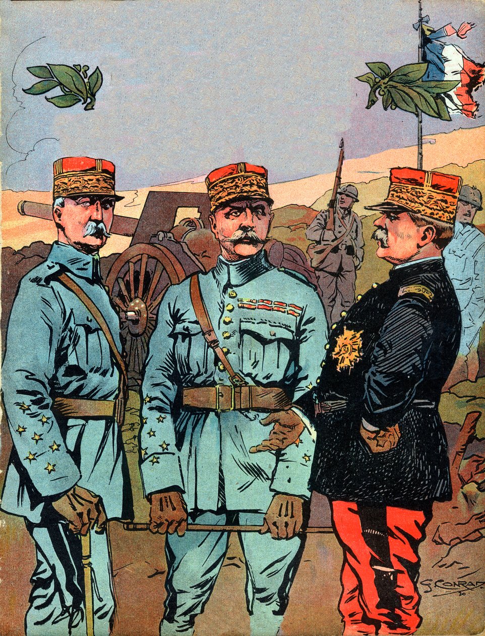 Marechal Joseph Jacques Cesaire Joffre (1852-1931), Marechal Ferdinand Foch (1851-1929) e Marechal Philippe Pétain (1856-1951), os grandes libertadores da França durante a Primeira Guerra Mundial - Ilustração de Georges Conrad (1874-1936) tirada de “” Nos- de Georges Conrad