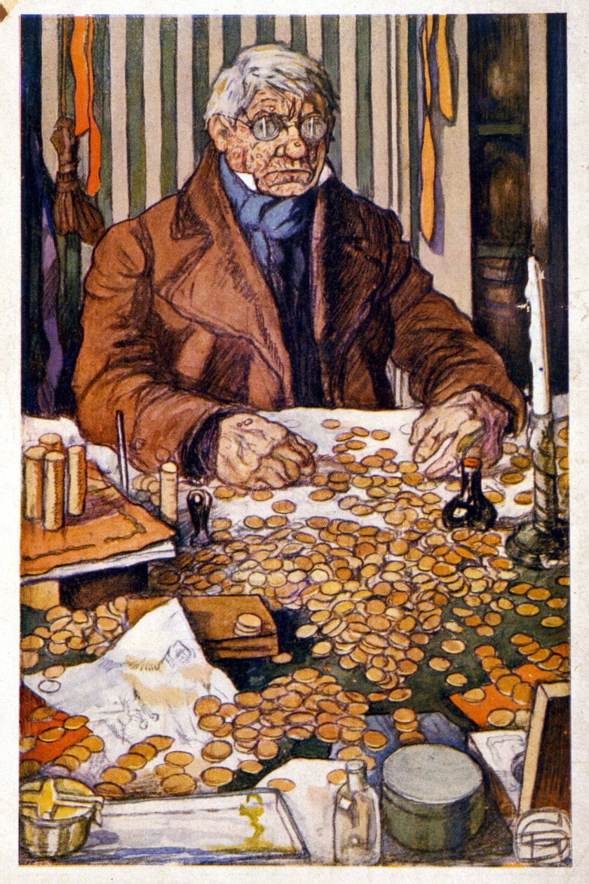 Le pere Grandet contando seu dinheiro - Ilustração em "Eugenie Grandet", de Honore de Balzac, col. Biblioteca Ideal de Georges Dupuis