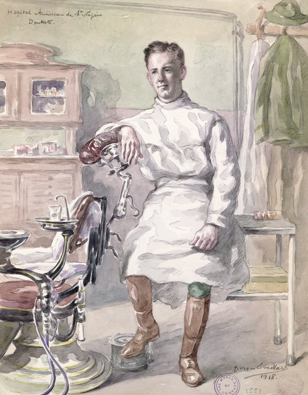 Dentista militar no Hospital Americano de St. Nazaire, 1918 (wc no papel) de Georges Eveillard