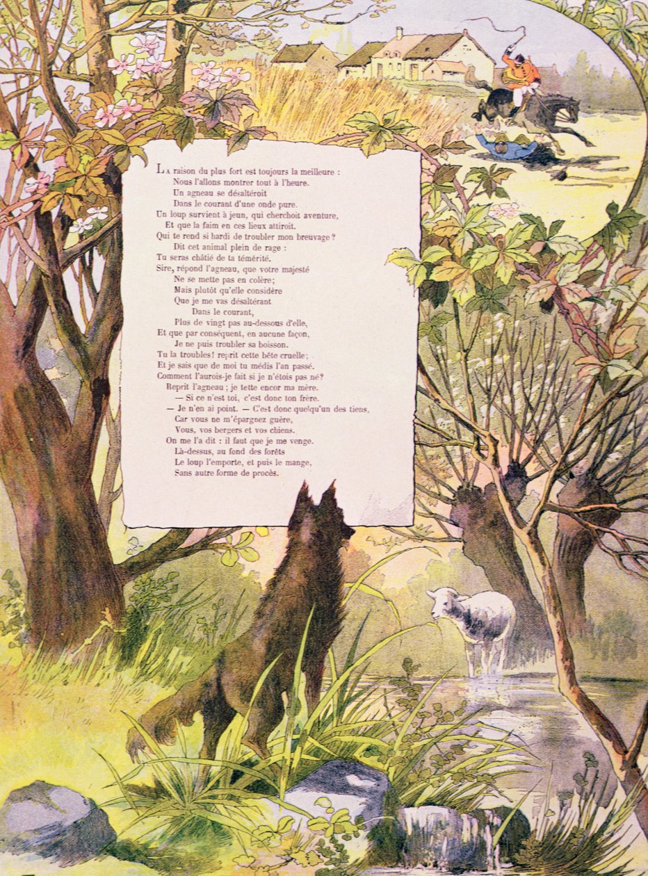 O Lobo e o Cordeiro, de fábulas de Jean de La Fontaine (1621-95) (gravura a cores) de Georges Fraipont