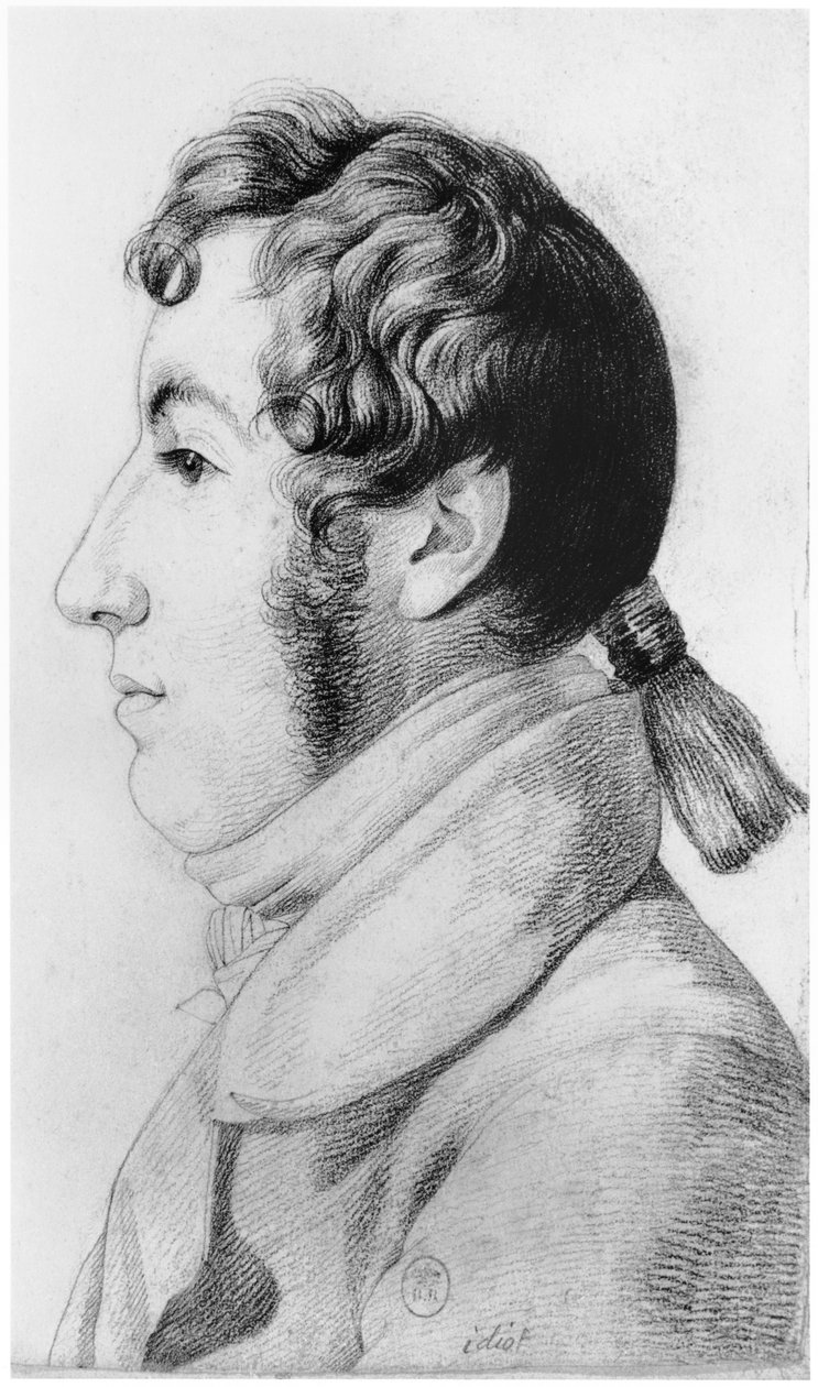 Idiota, ilustração de um tratado inédito de Jean Etienne Dominique Esquirol (1772-1840) sobre os lunáticos do asilo de Salpetriere, c.1818 de Georges Francois Gabriel